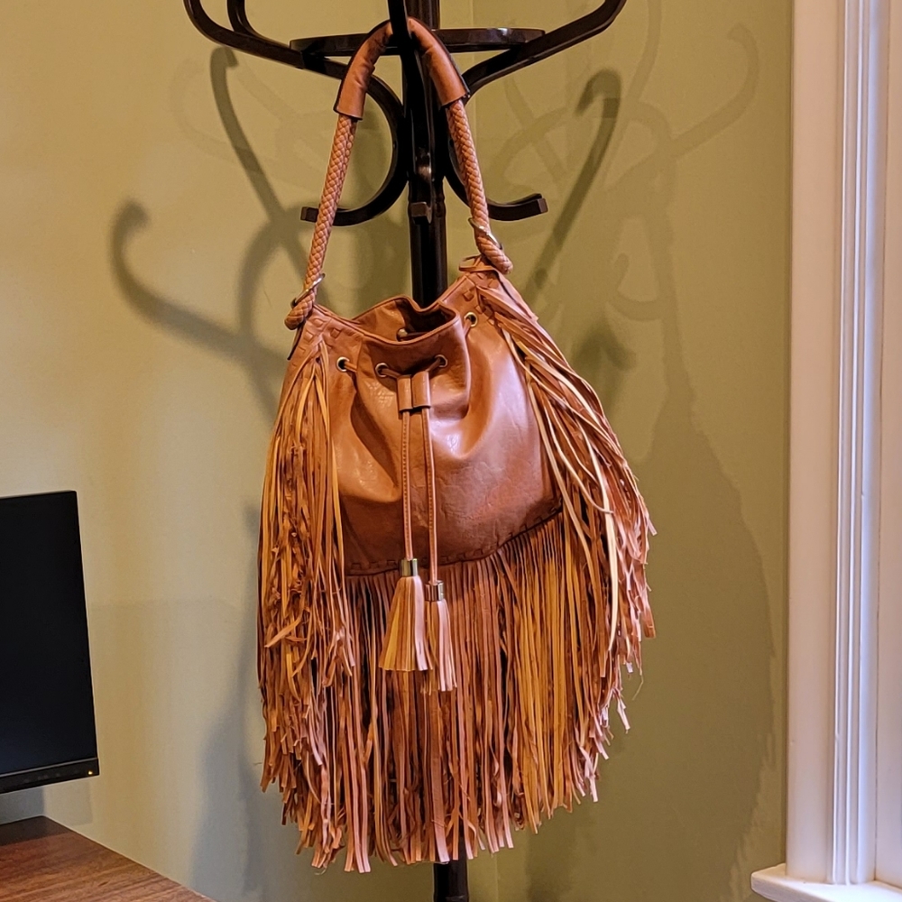 New, Yoki Leather Western Fringe Purse, Saddlebag, Tassels, Tan and Gold
